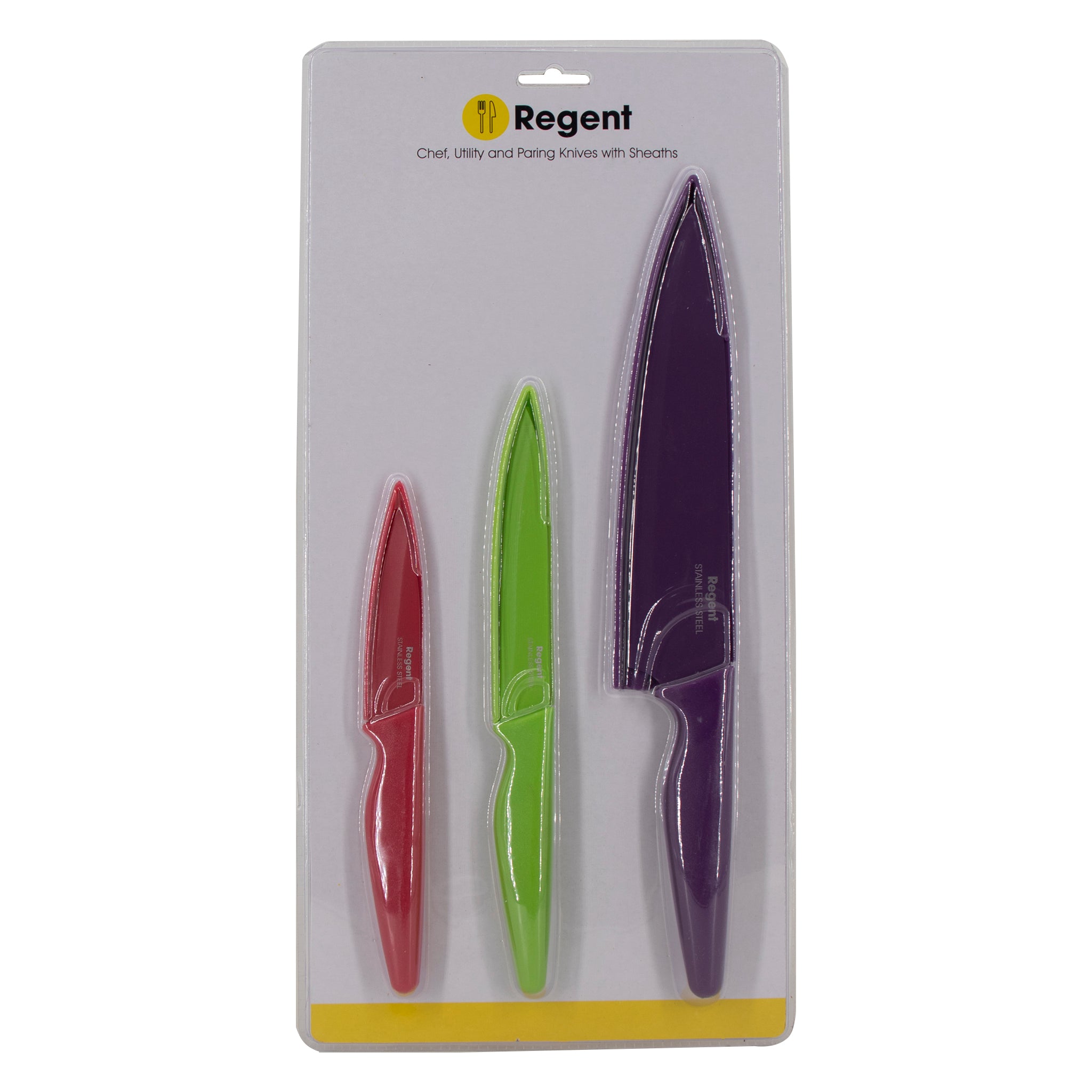 REGENT KITCHEN CHEF, UTILITY, PARING COLOURED KNIVES WITH SHEATHS 3PCS SET