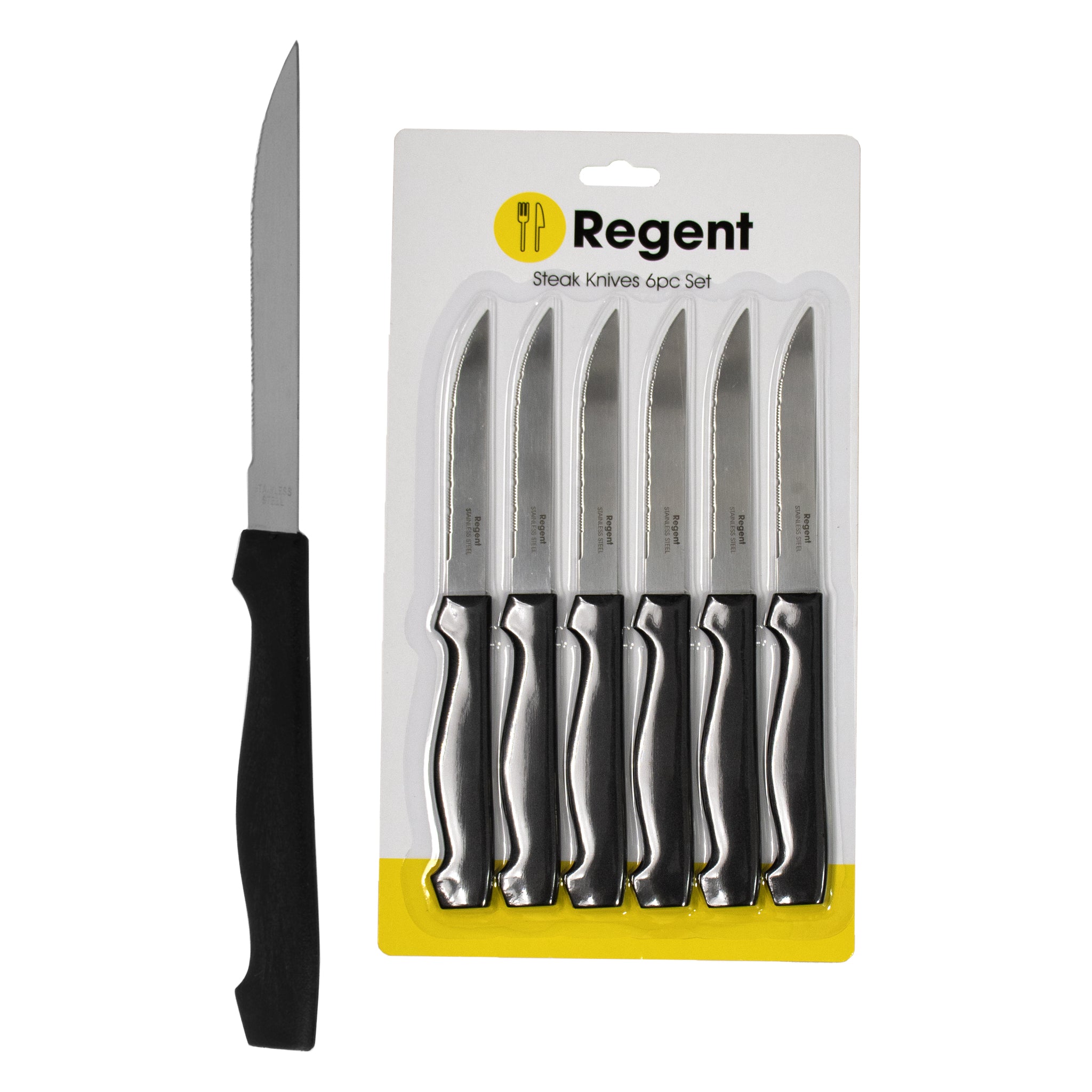 REGENT KITCHEN STEAK KNIVES WITH BLACK PP HANDLES 6PK, 200MM