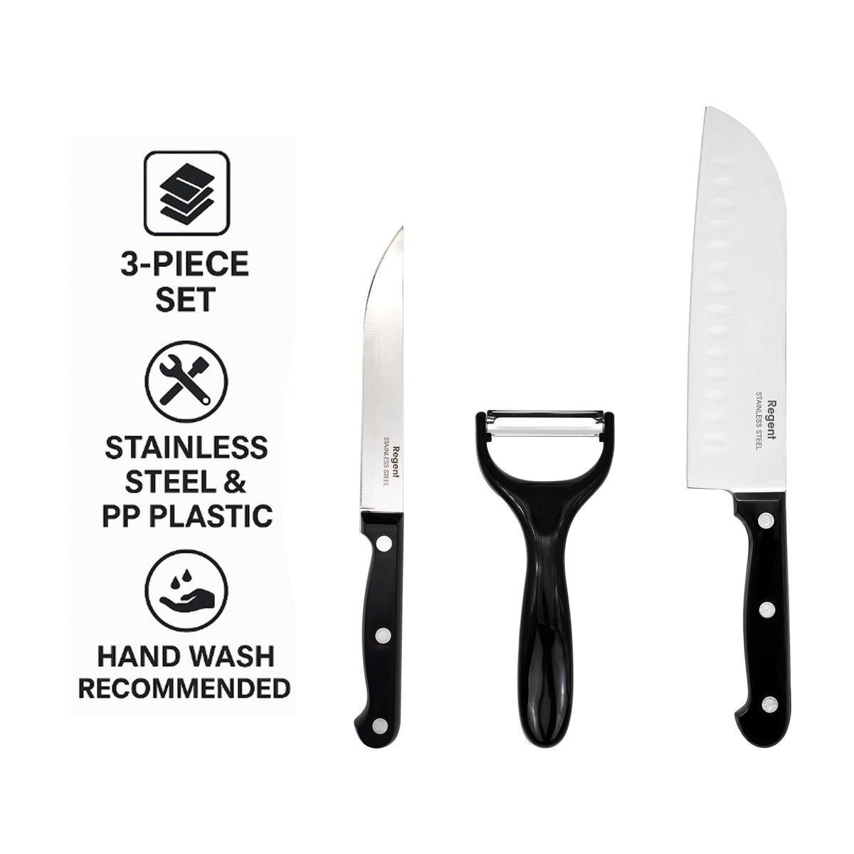 REGENT KITCHEN SANTOKU AND UTILITY KNIVES WITH PEELER 3PCS SET