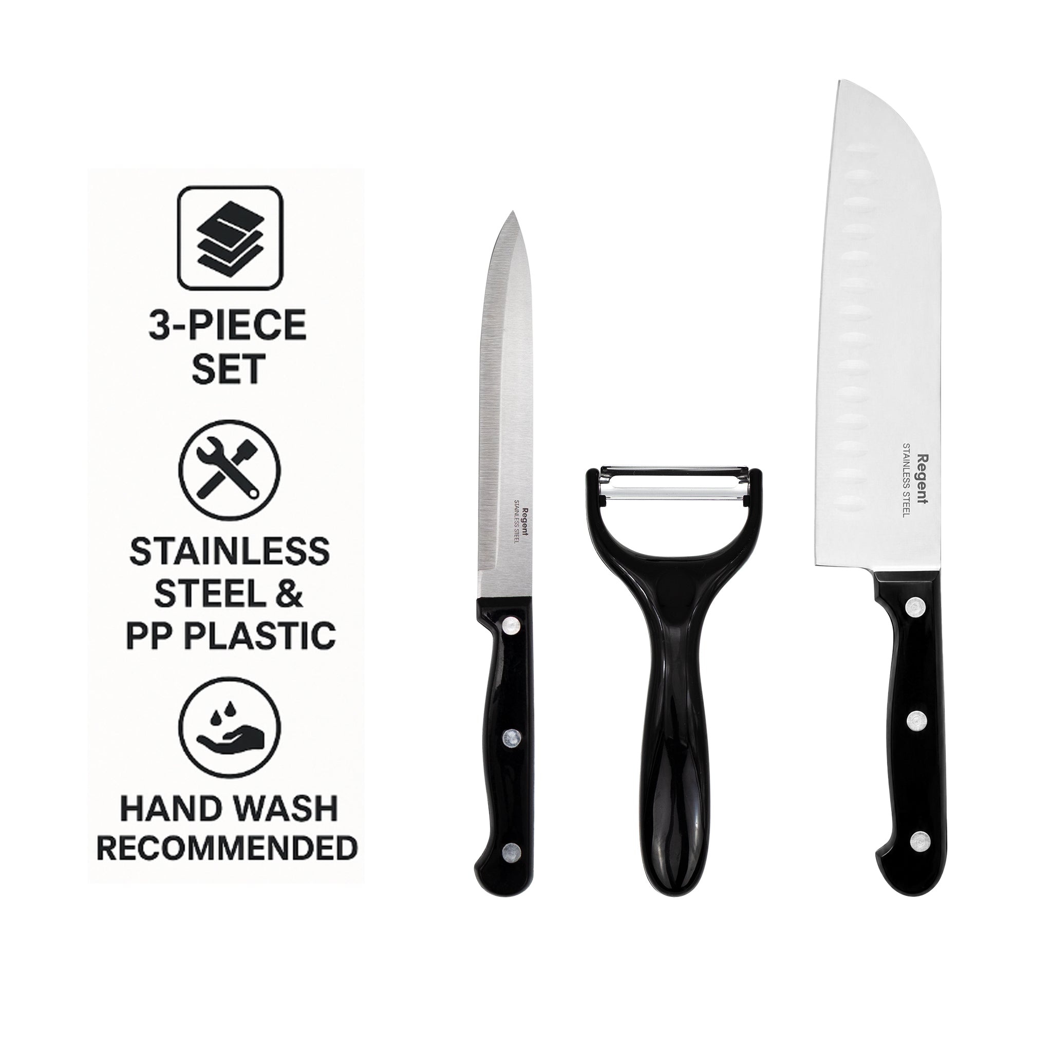 REGENT KITCHEN SANTOKU AND UTILITY KNIVES WITH PEELER 3PCS SET