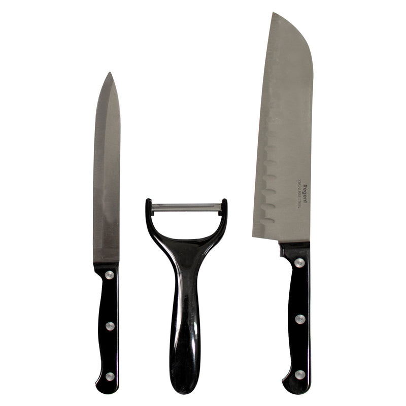 REGENT KITCHEN SANTOKU, UTILITY KNIVES WITH PEELER 3PC SET , (290MM l 245MM l 145MM)