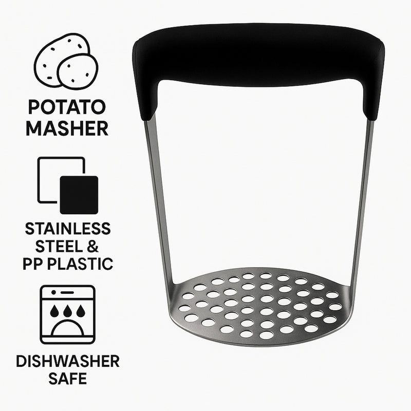 REGENT KITCHEN POTATO MASHER ST STEEL WITH BLACK HANDLE, 175MM