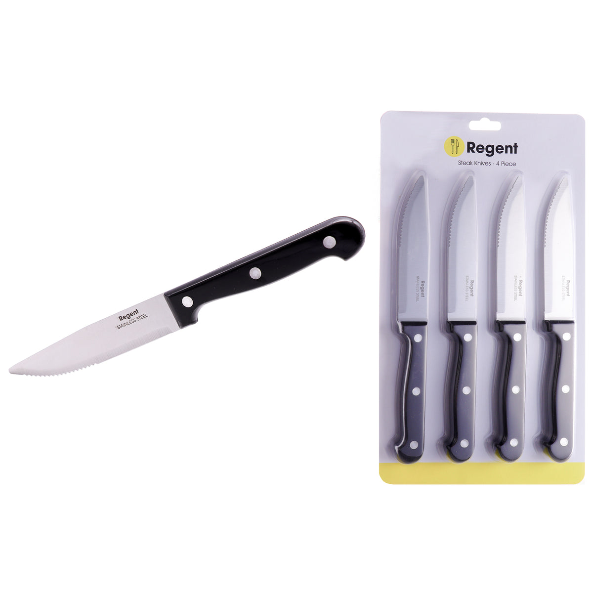 REGENT KITCHEN STEAK KNIVES WITH BAKELITE HANDLE AND 3 RIVETS 4PK SET, 245MM