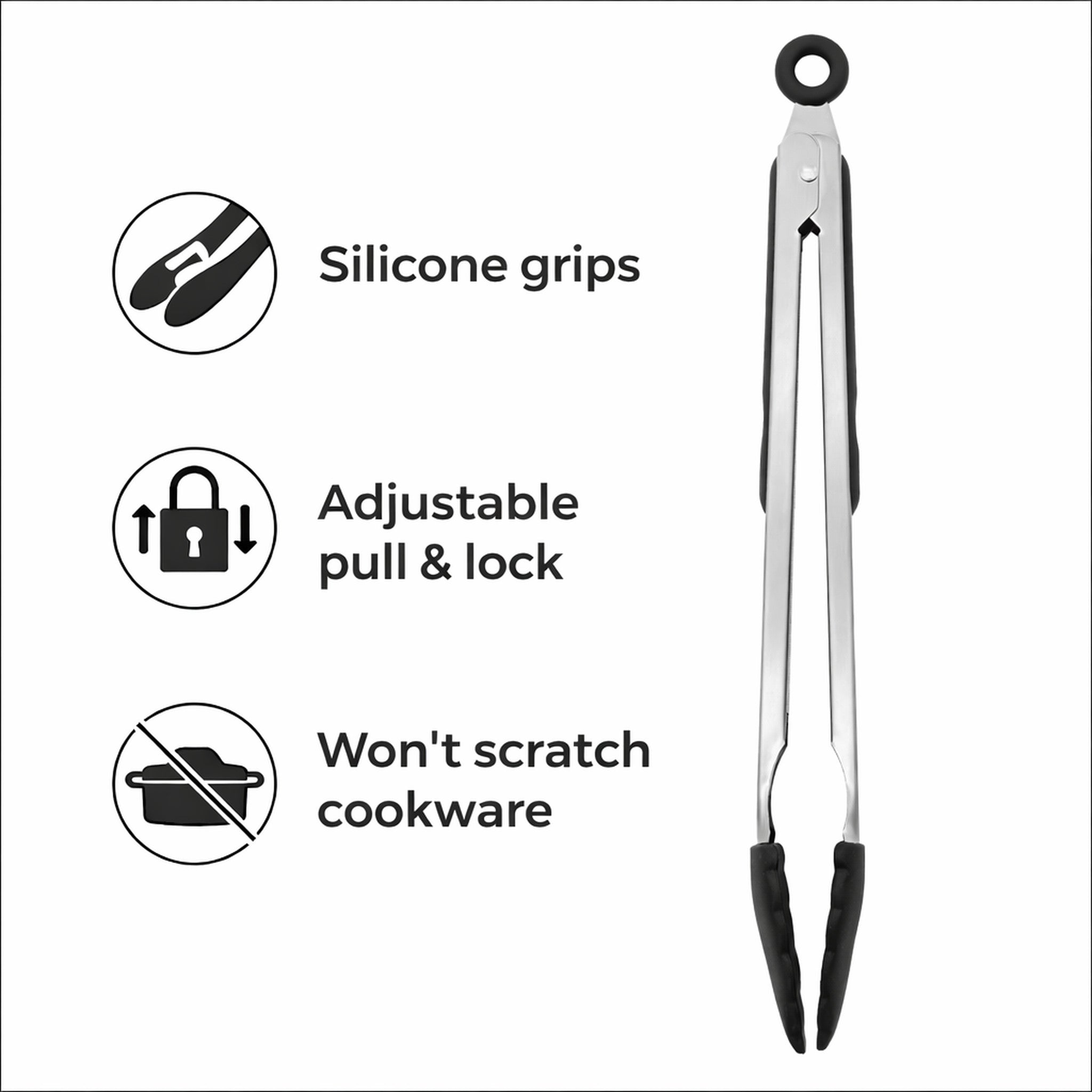 REGENT KITCHEN FOOD TONG STAINLESS STEEL WITH BLACK SILICONE TIPS, 340MM