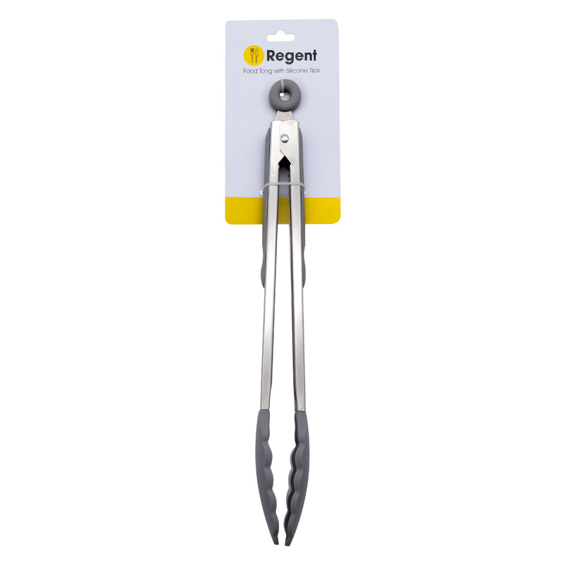 REGENT KITCHEN FOOD TONG STAINLESS STEEL WITH GREY SILICONE TIPS, (340X35X37MM)