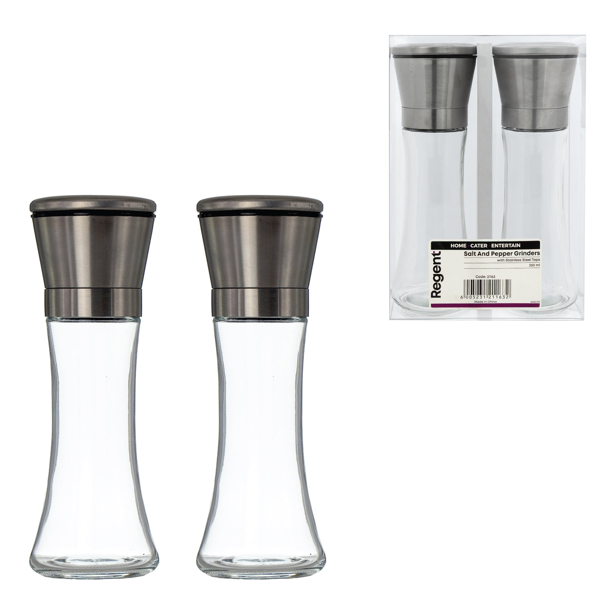REGENT GLASS SALT AND PEPPER GRINDERS WITH ST.STEEL TOPS 2PK, 215ML