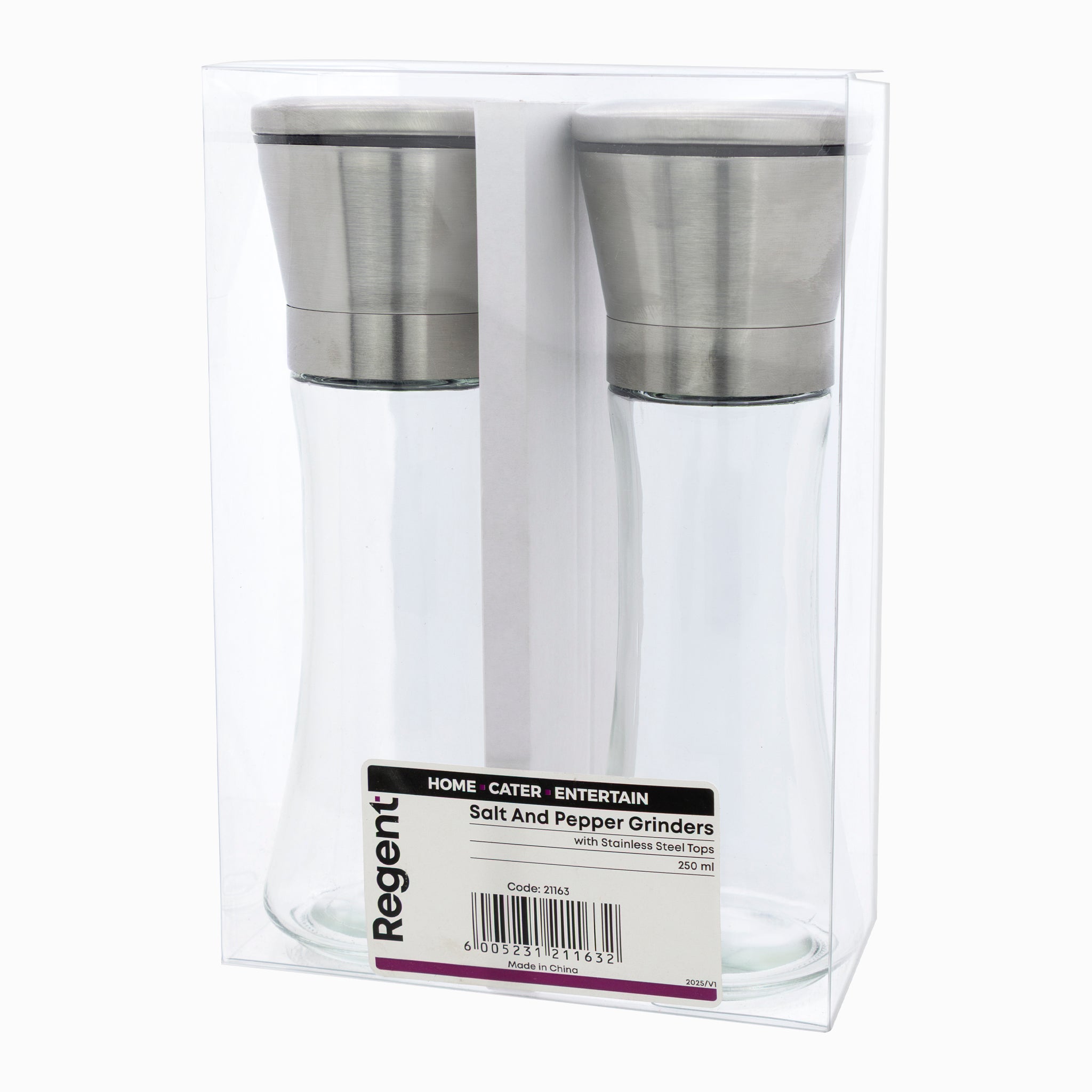 REGENT GLASS SALT AND PEPPER GRINDERS WITH ST.STEEL TOPS 2PK, 250ML