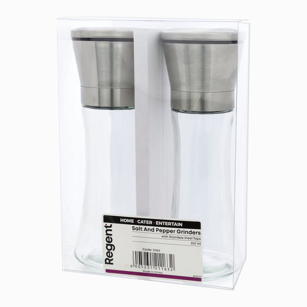 REGENT GLASS SALT AND PEPPER GRINDERS WITH ST.STEEL TOPS 2PK, 250ML