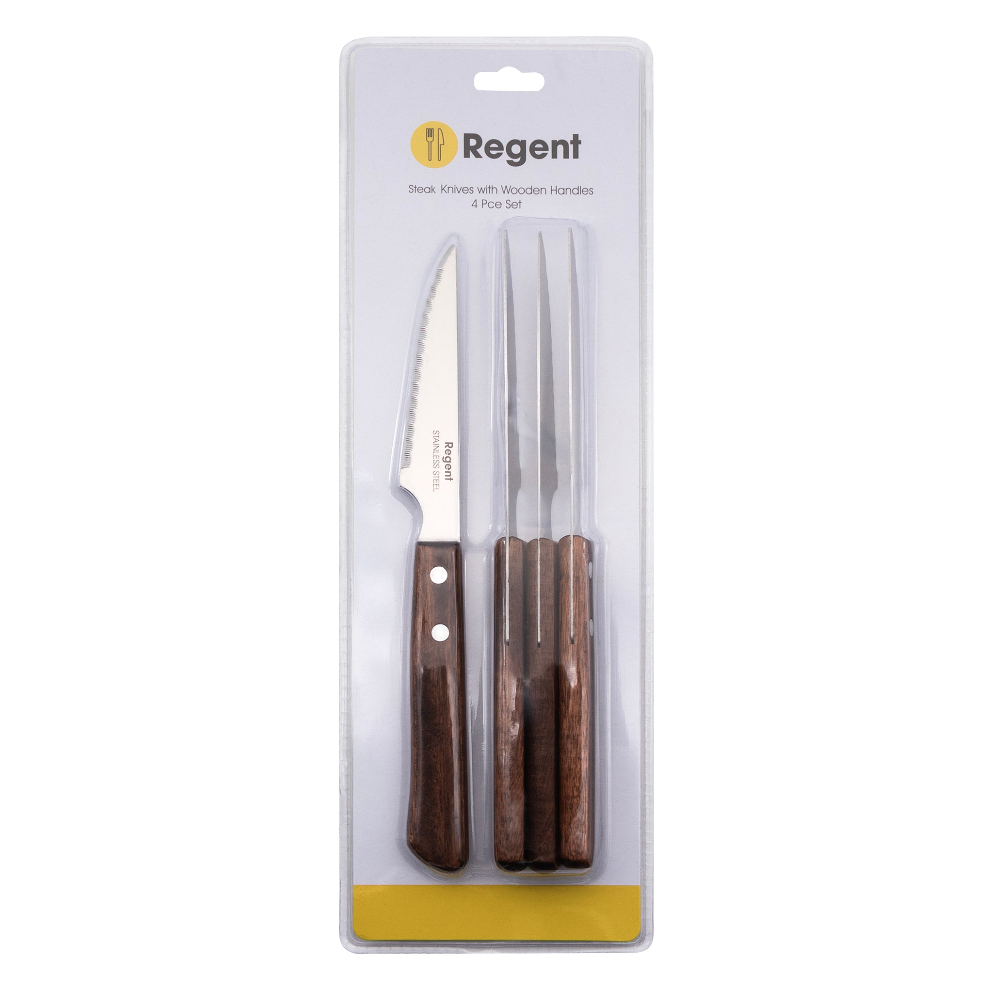 REGENT KITCHEN STEAK KNIVES WITH WOODEN HANDLES 4PK, 222MM