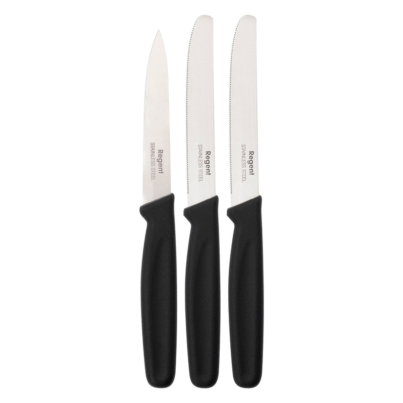 REGENT KITCHEN PARING KNIVES WITH BLACK HANDLES 3 PIECE SET, 207MM