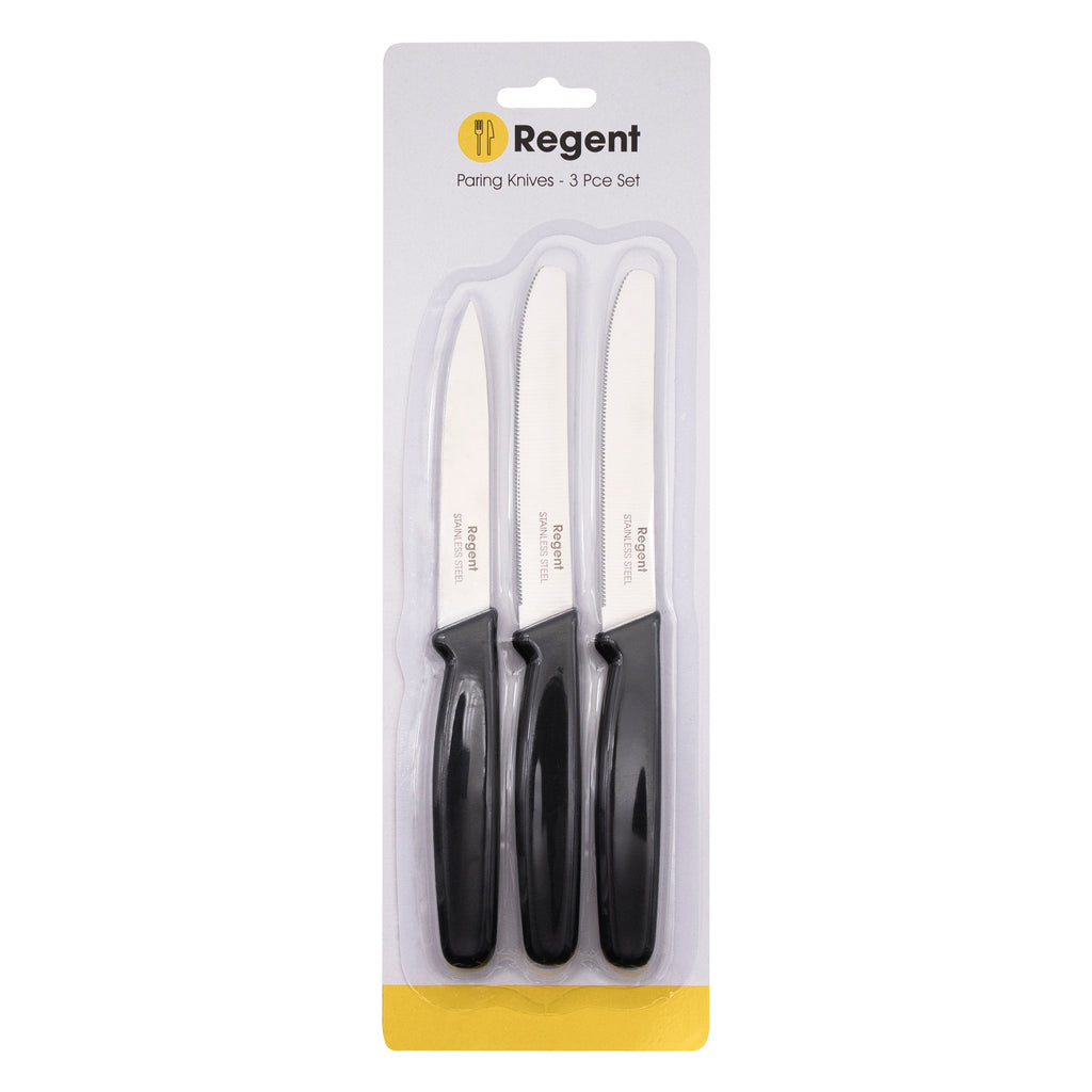 REGENT KITCHEN PARING KNIVES WITH BLACK HANDLES 3 PIECE SET, 207MM
