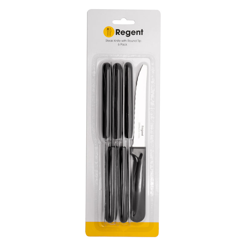 REGENT KITCHEN STEAK KNIVES WITH ROUND TIPS AND BLACK HANDLES 6 PACK, (213X25X12MM)