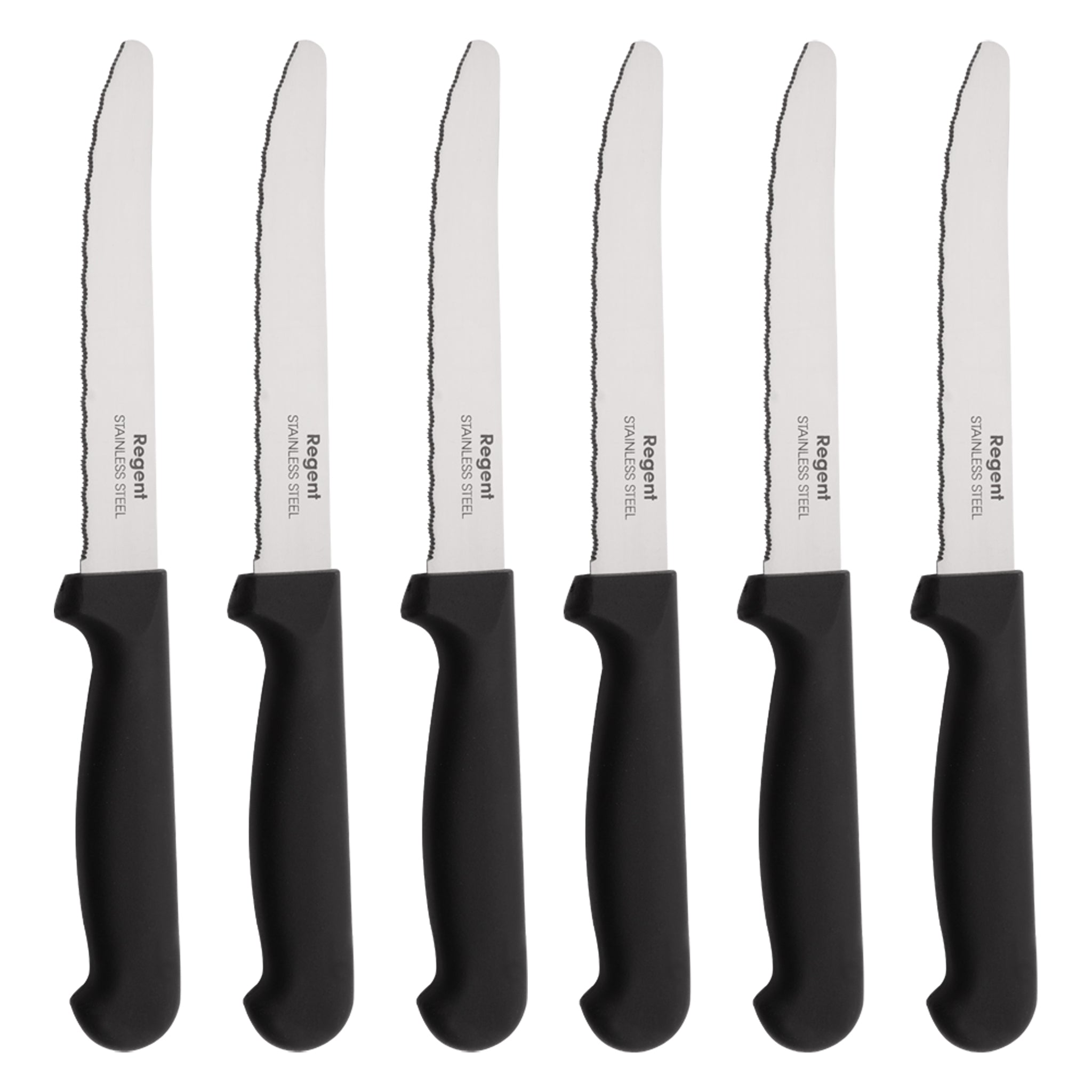 REGENT KITCHEN STEAK KNIVES WITH ROUND TIPS AND BLACK HANDLES 6PK, 213MM