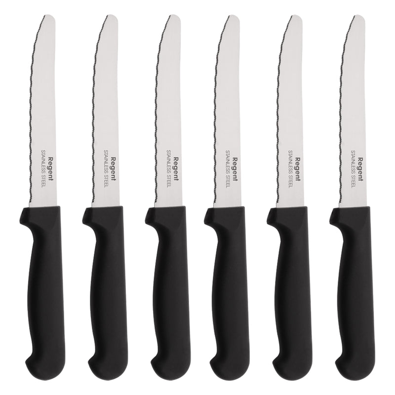 REGENT KITCHEN STEAK KNIVES WITH ROUND TIPS AND BLACK HANDLES 6 PACK, 213MM