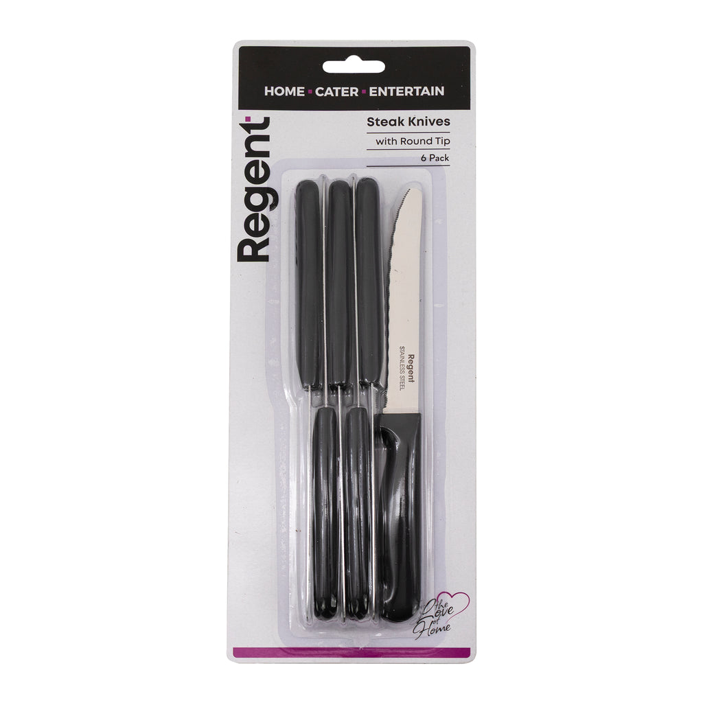 REGENT KITCHEN STEAK KNIVES WITH ROUND TIPS AND BLACK HANDLES 6PK, 213MM