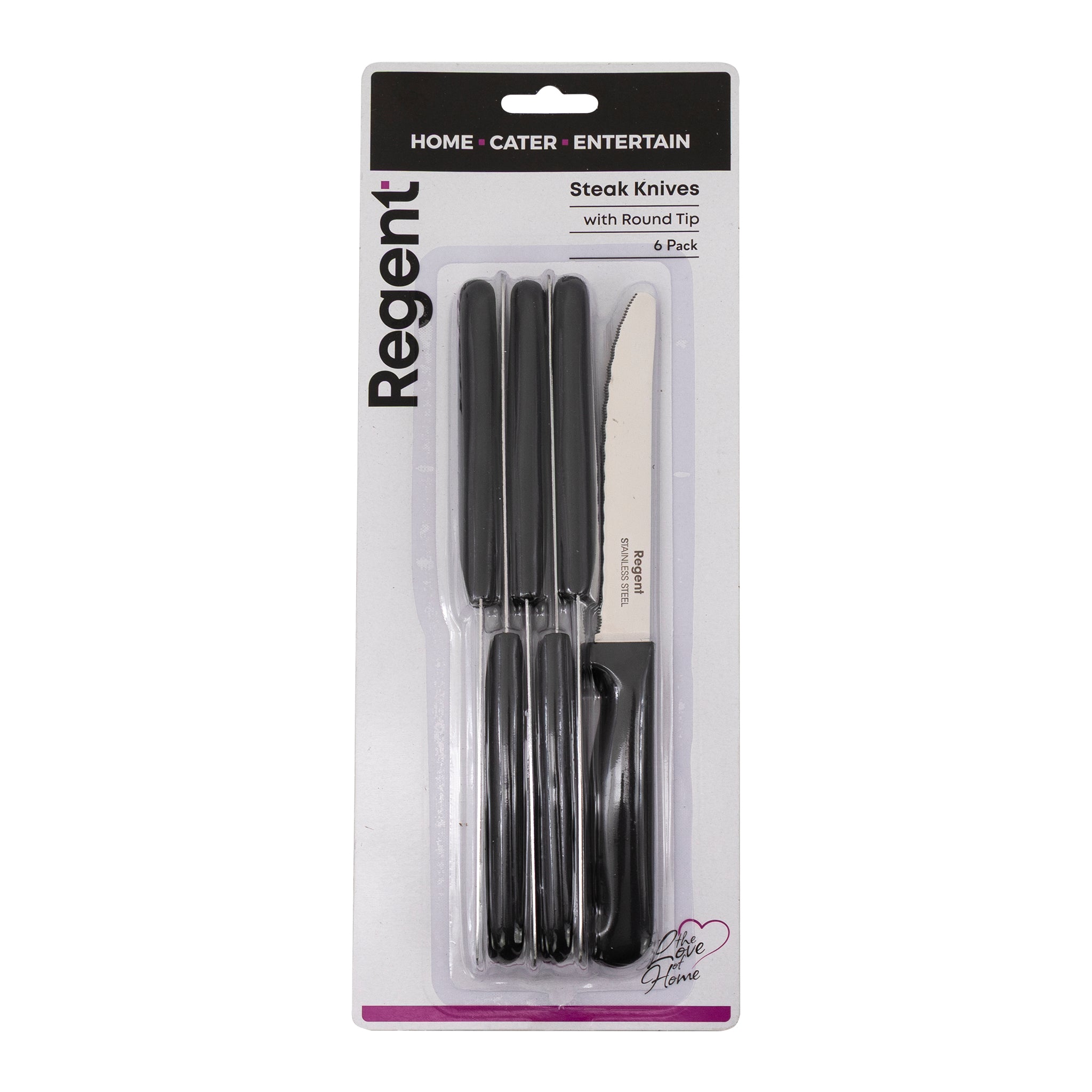 REGENT KITCHEN STEAK KNIVES WITH ROUND TIPS AND BLACK HANDLES 6PK, 213MM