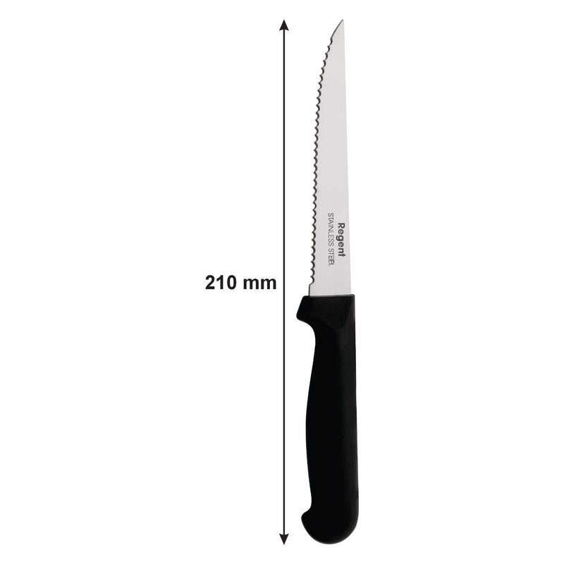 REGENT KITCHEN STEAK KNIVES WITH POINTED TIPS AND BLACK HANDLES 6 PACK, 210MM