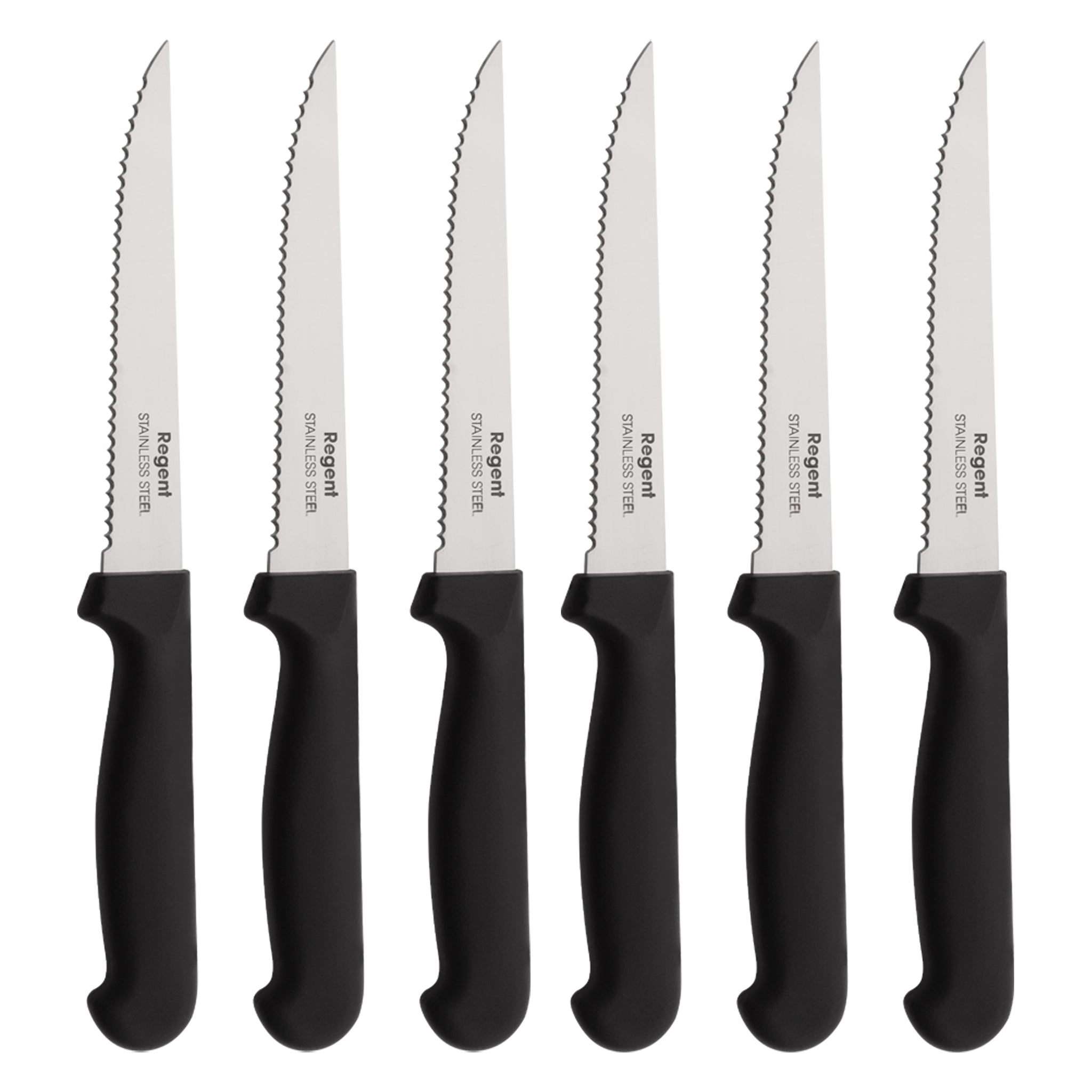 REGENT KITCHEN STEAK KNIVES WITH POINTED TIPS AND BLACK HANDLES 6PK, 210MM