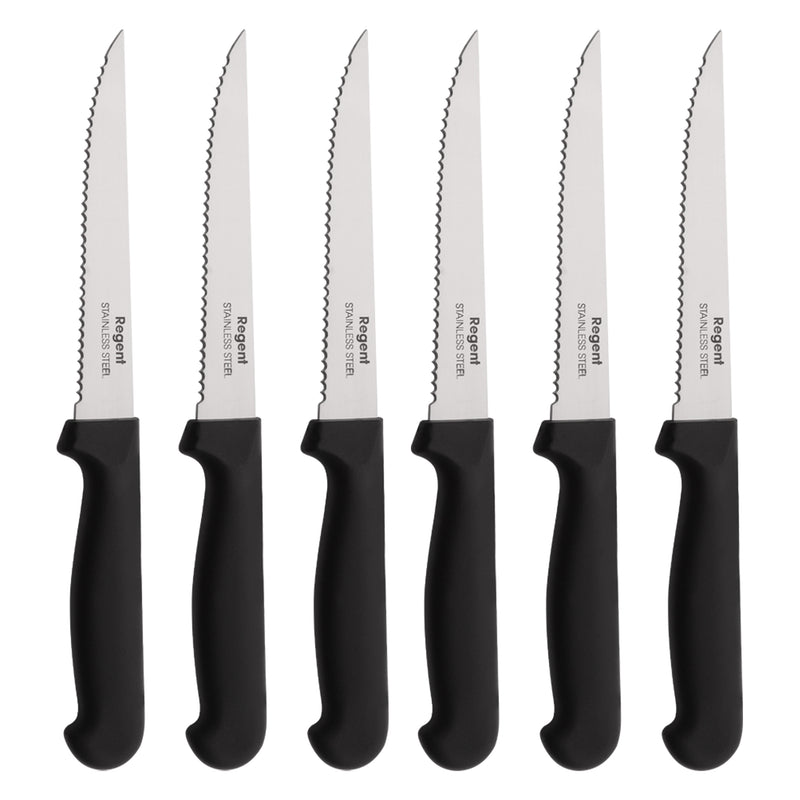 REGENT KITCHEN STEAK KNIVES WITH POINTED TIPS AND BLACK HANDLES 6 PACK, 210MM