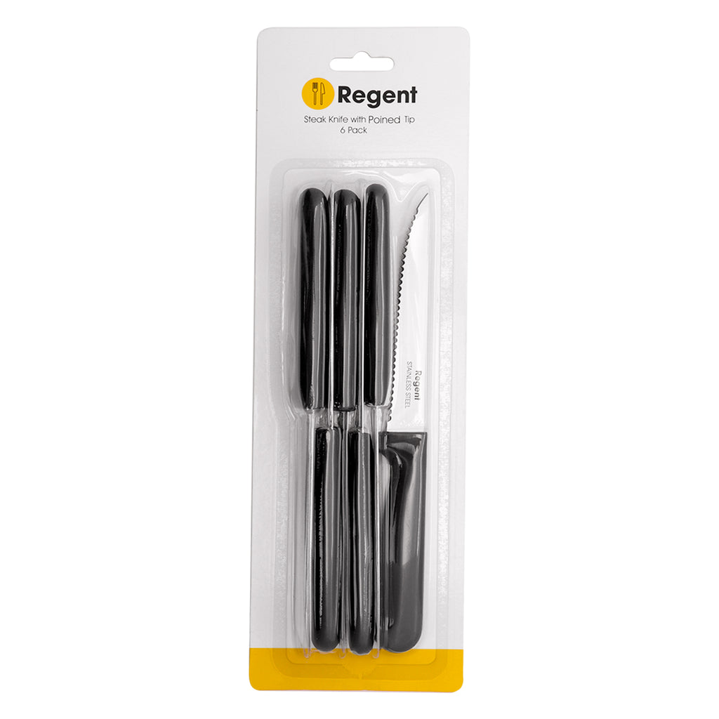 REGENT KITCHEN STEAK KNIVES WITH POINTED TIPS AND BLACK HANDLES 6 PACK, 210MM