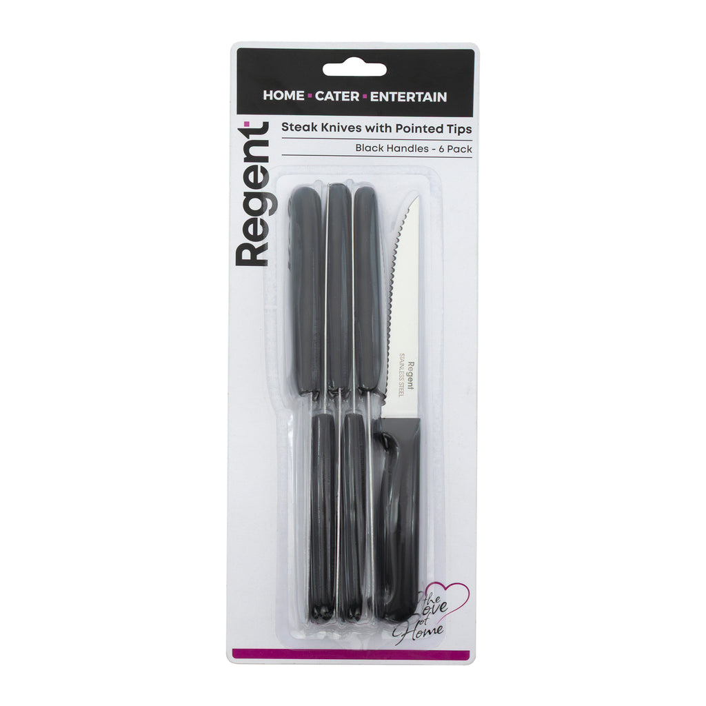 REGENT KITCHEN STEAK KNIVES WITH POINTED TIPS AND BLACK HANDLES 6 PACK, 210MM