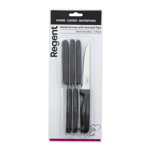 REGENT KITCHEN STEAK KNIVES WITH POINTED TIPS AND BLACK HANDLES 6 PACK, 210MM