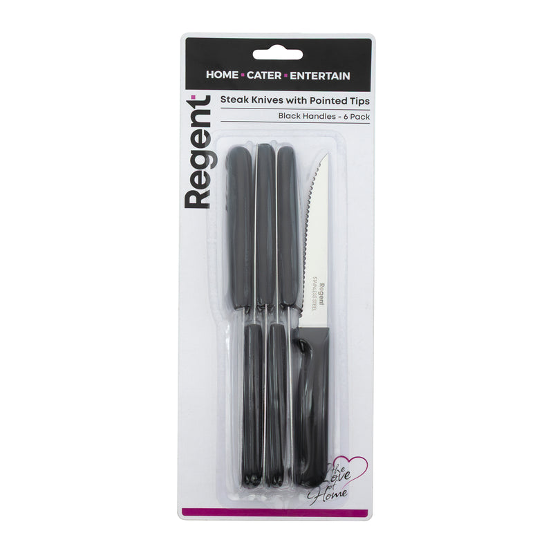 REGENT KITCHEN STEAK KNIVES WITH POINTED TIPS AND BLACK HANDLES 6 PACK, 210MM