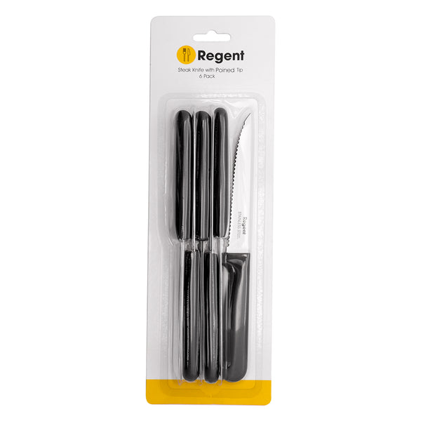 REGENT KITCHEN STEAK KNIVES WITH POINTED TIPS AND BLACK HANDLES 6 PACK, (210X25X12MM)