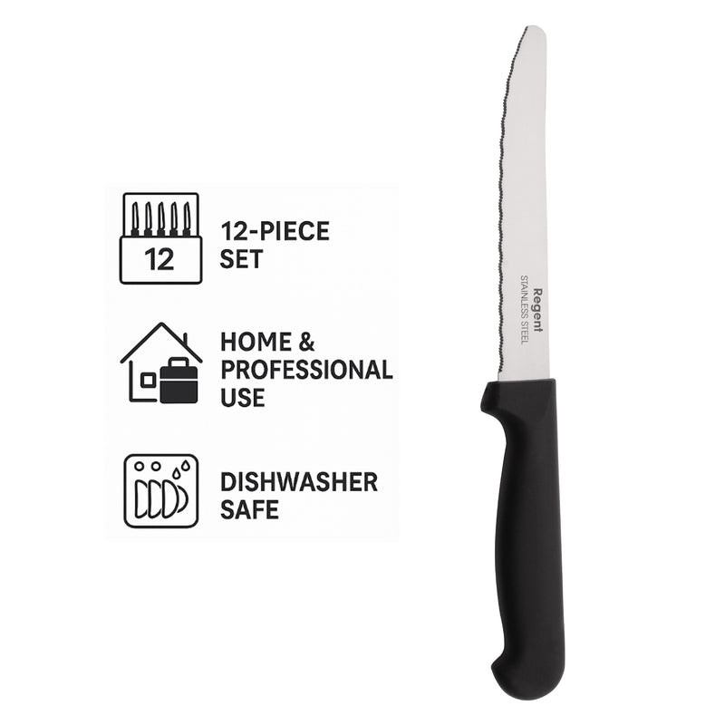 REGENT CUTLERY STEAK KNIFE WITH ROUND TIP WITH PP BLACK HANDLE, 1 DOZ, 210MM
