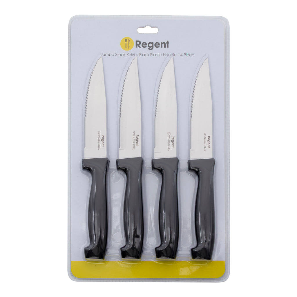 REGENT KITCHEN JUMBO STEAK KNIVES WITH BLACK PP HANDLES 4PK, 240MM