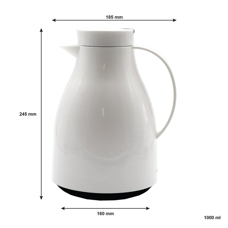 REGENT VACUUM THERMAL JUG WHITE WITH BLACK BUTTON LID AND GLASS LINER, (1LT)