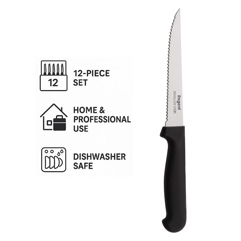 REGENT CUTLERY STEAK KNIFE WITH SHARP TIP AND PP BLACK HANDLE, 1 DOZ, 210MM
