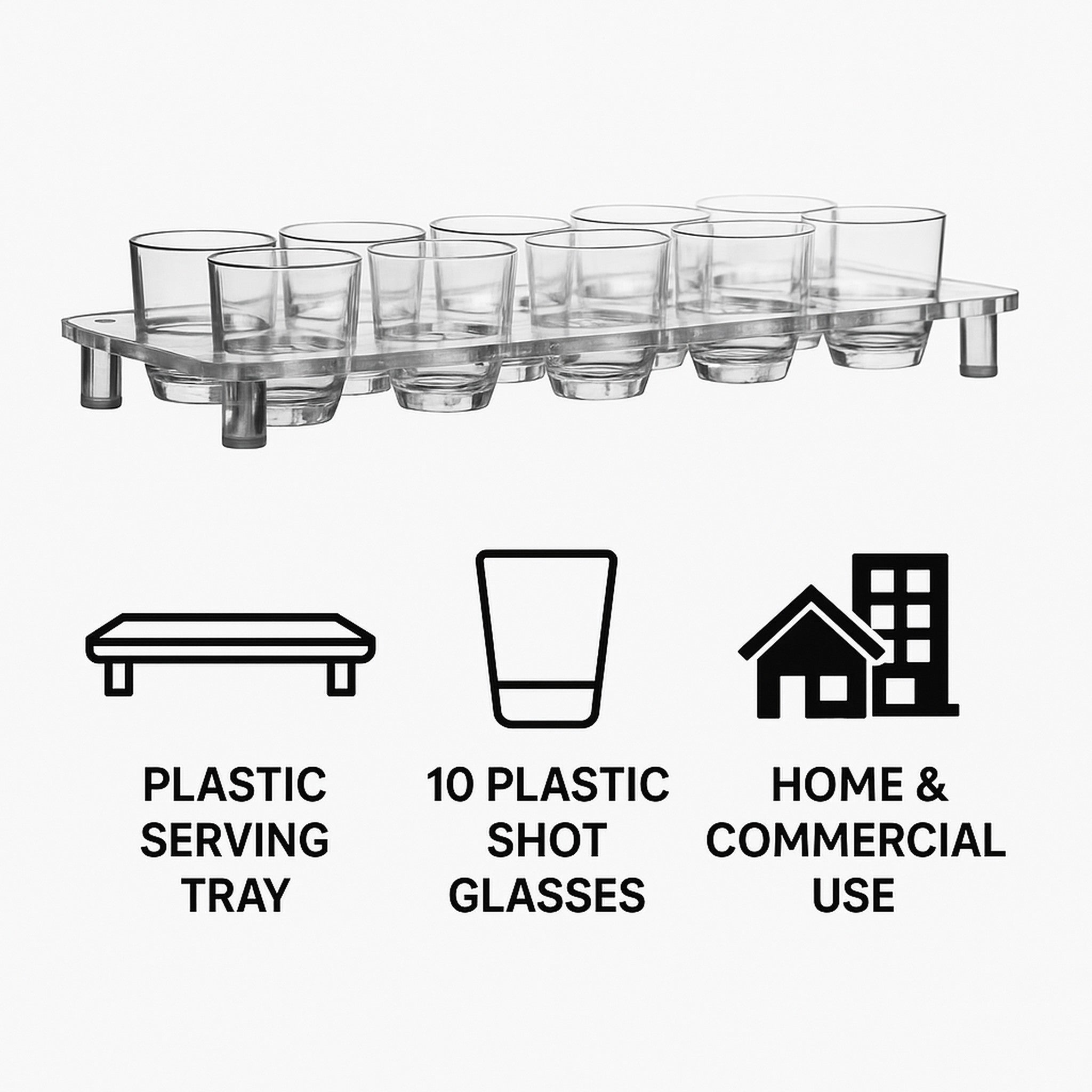 BAR BUTLER 10 CLEAR PLASTIC SHOT GLASSES 25ML ON A TRAY 11PCS SET