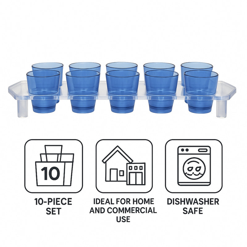 BAR BUTLER 10 COLOURED PLASTIC SHOT GLASSES ON A TRAY 11PK (1 COLOUR PER TRAY), 25ML - 35MM DIA