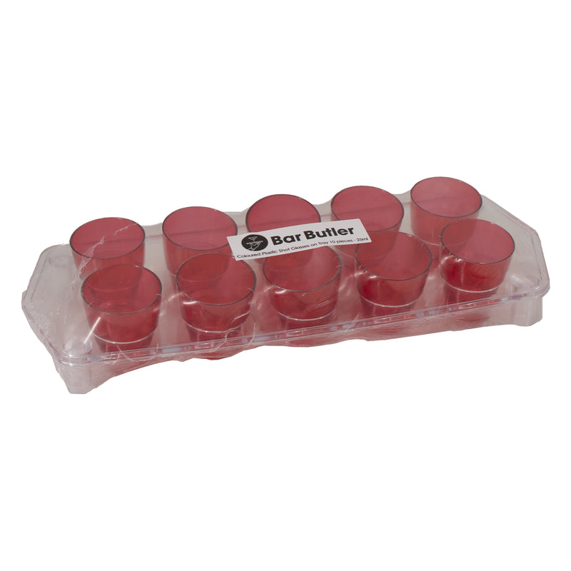 BAR BUTLER COLOURED PLASTIC SHOT GLASSES 10 ON TRAY (1 COLOUR PER TRAY), 25ML (275X95X45MM)