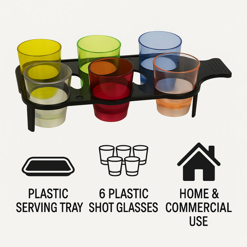 BAR BUTLER 6 ASST. COLOURED PLASTIC SHOT GLASSES ON A BLACK TRAY 7PK, 25ML - 40MM DIA