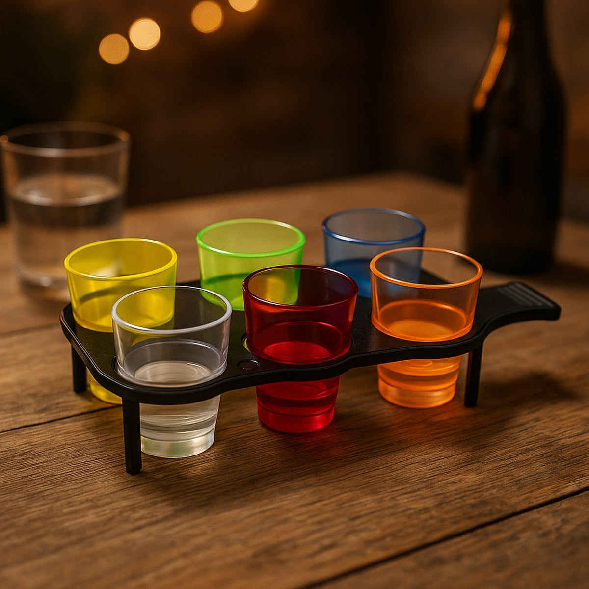 BAR BUTLER 6 ASST. COLOURED PLASTIC SHOT GLASSES ON A BLACK TRAY 7PK, 25ML