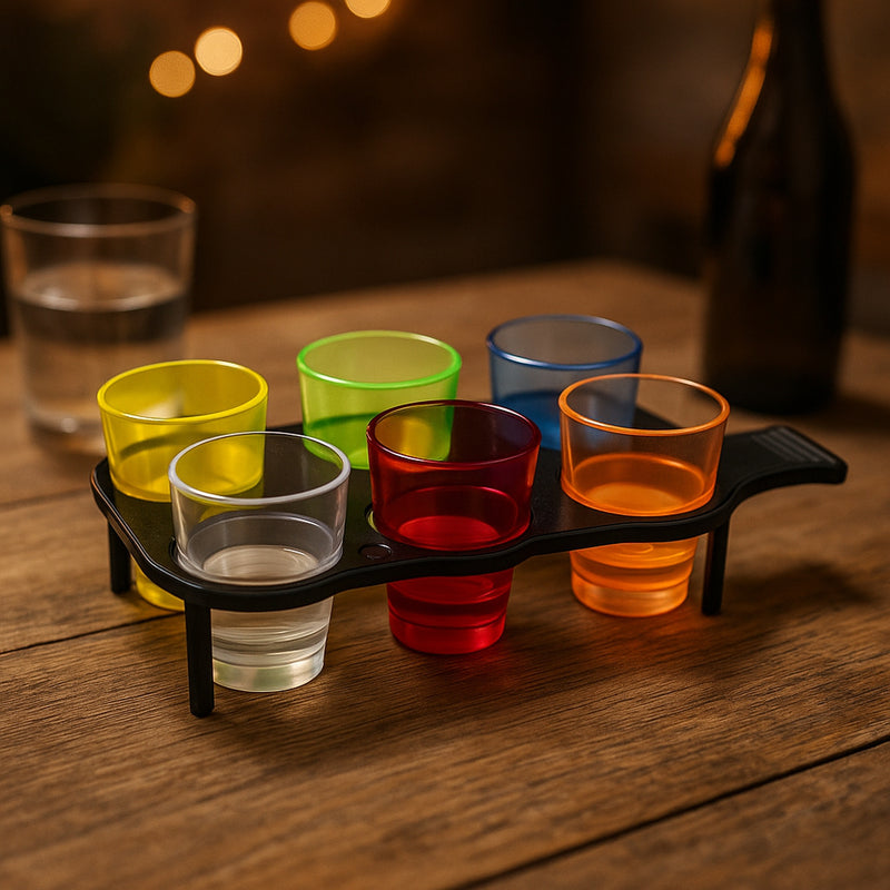 BAR BUTLER 6 ASST. COLOURED PLASTIC SHOT GLASSES ON A BLACK TRAY 7PK, 25ML - 40MM DIA