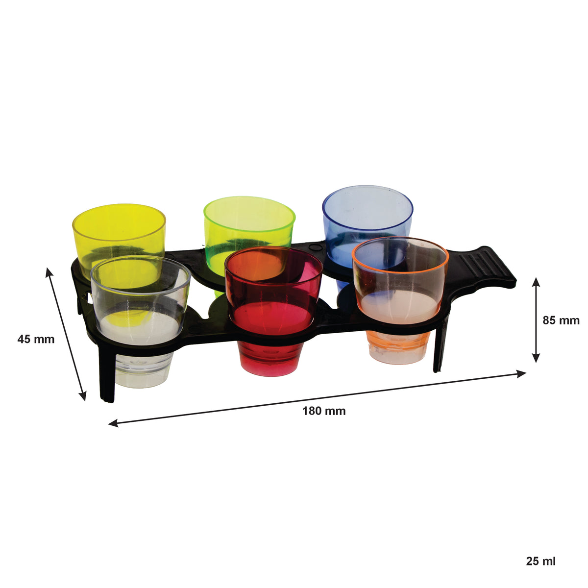 BAR BUTLER 6 ASST. COLOURED PLASTIC SHOT GLASSES ON A BLACK TRAY 7PK, 25ML