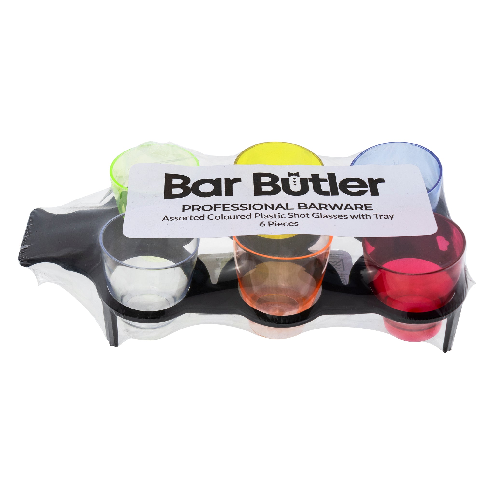 BAR BUTLER 6 ASST. COLOURED PLASTIC SHOT GLASSES ON A BLACK TRAY 7PK, 25ML - 40MM DIA