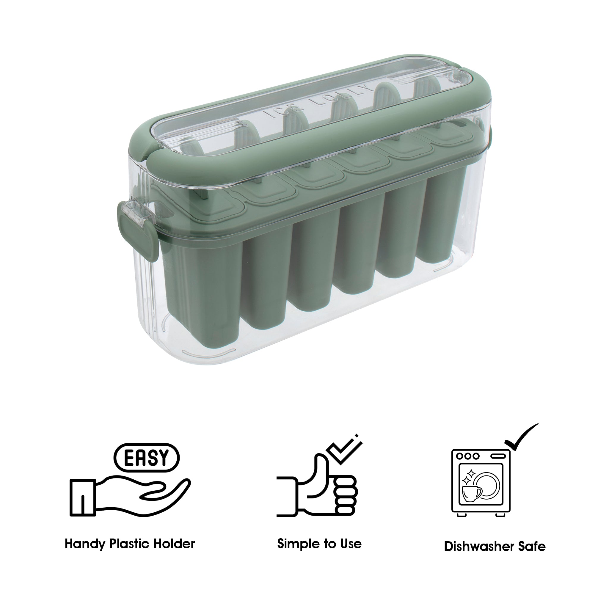 REGENT 6 ICE LOLLY MOULDS IN A SAGE COLOUR PLASTIC HOLDER WITH 2 HANDLES, 230X77MM