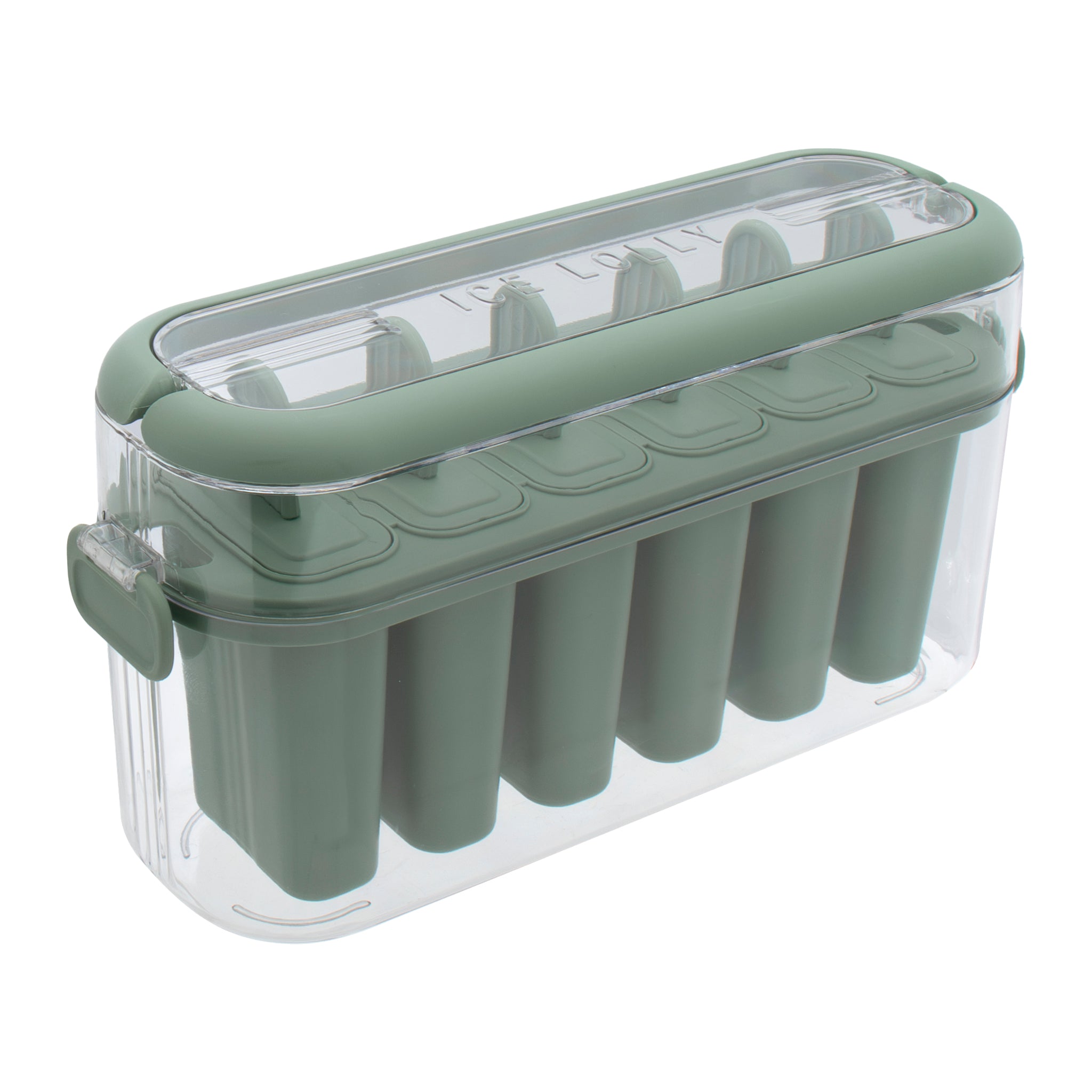 REGENT 6 ICE LOLLY MOULDS IN A SAGE COLOUR PLASTIC HOLDER WITH 2 HANDLES, 230X77MM