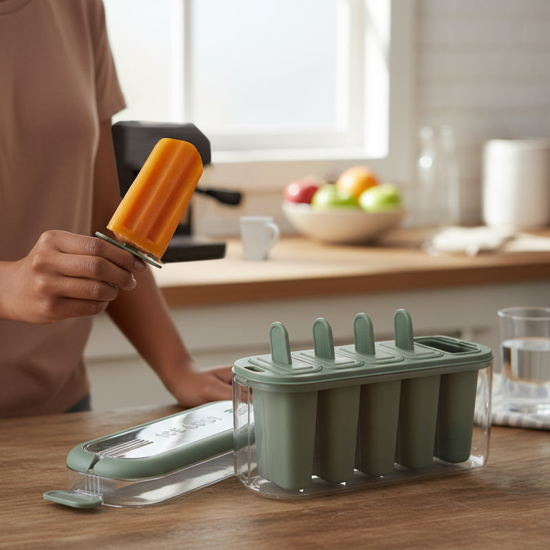 REGENT 6 ICE LOLLY MOULDS IN A SAGE COLOUR PLASTIC HOLDER WITH HANDLE, 230X77MM