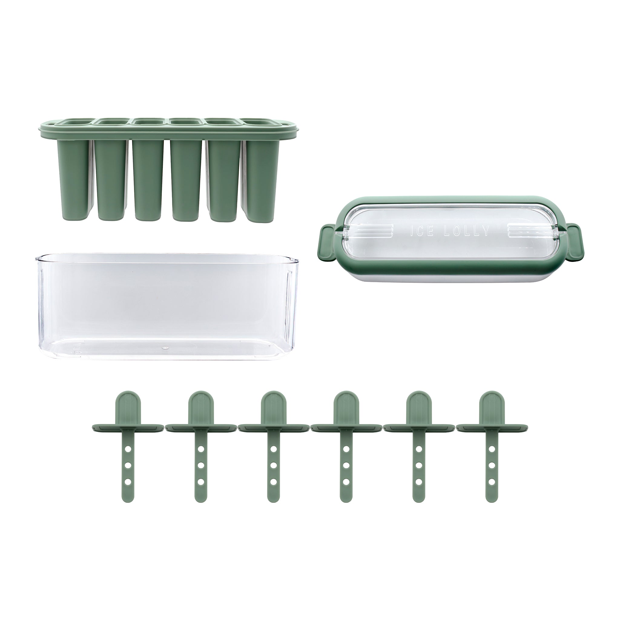 REGENT 6 ICE LOLLY MOULDS IN A SAGE COLOUR PLASTIC HOLDER WITH 2 HANDLES, 230X77MM