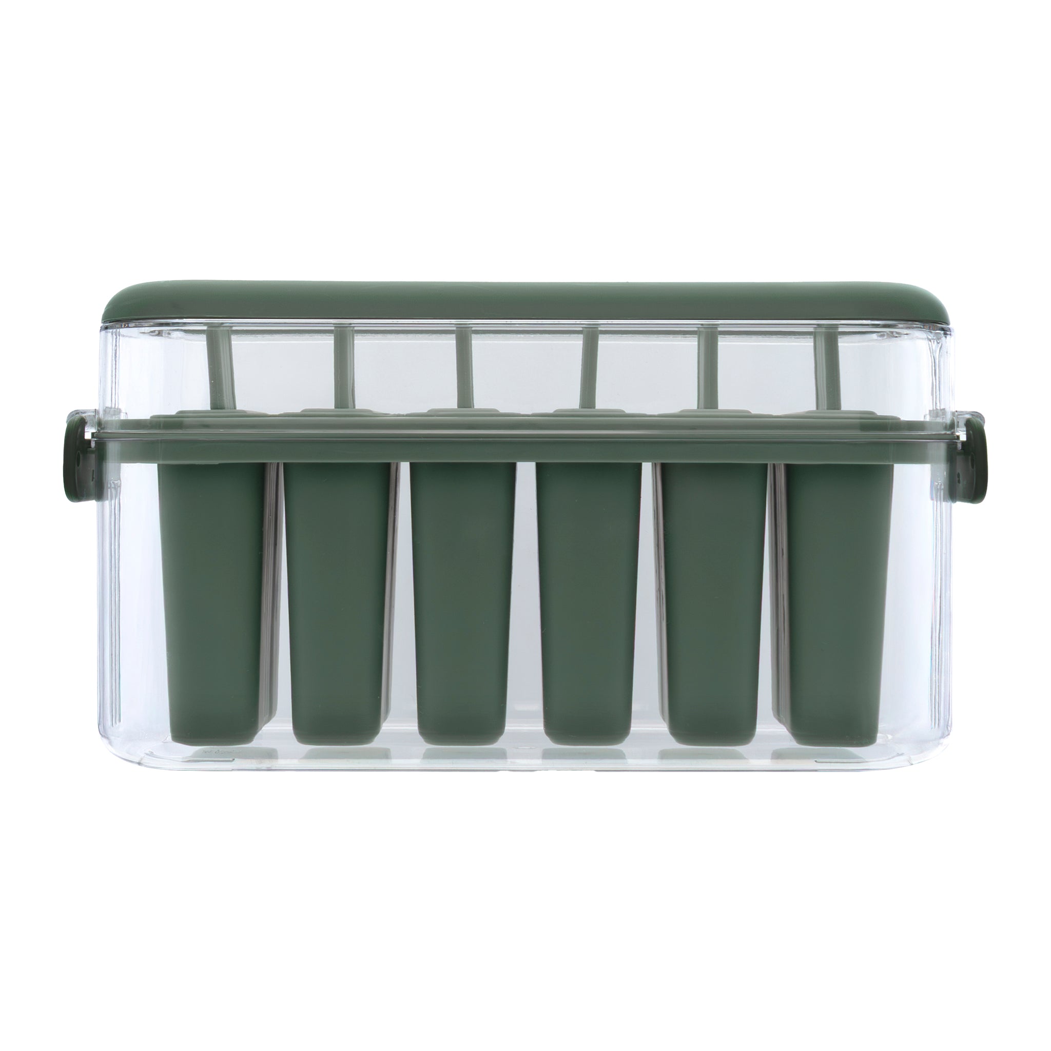 REGENT 6 ICE LOLLY MOULDS IN A SAGE COLOUR PLASTIC HOLDER WITH 2 HANDLES, 230X77MM