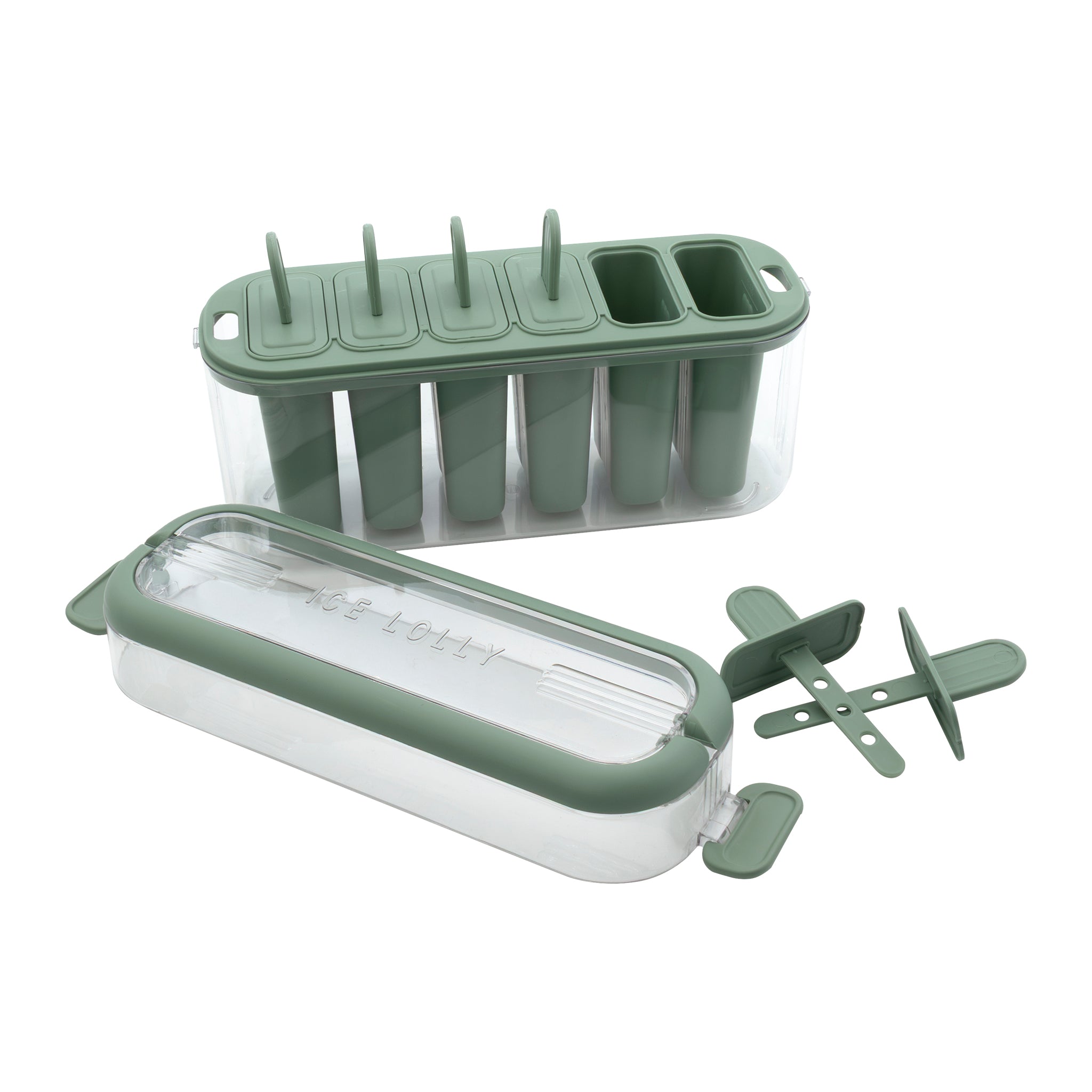 REGENT 6 ICE LOLLY MOULDS IN A SAGE COLOUR PLASTIC HOLDER WITH 2 HANDLES, 230X77MM