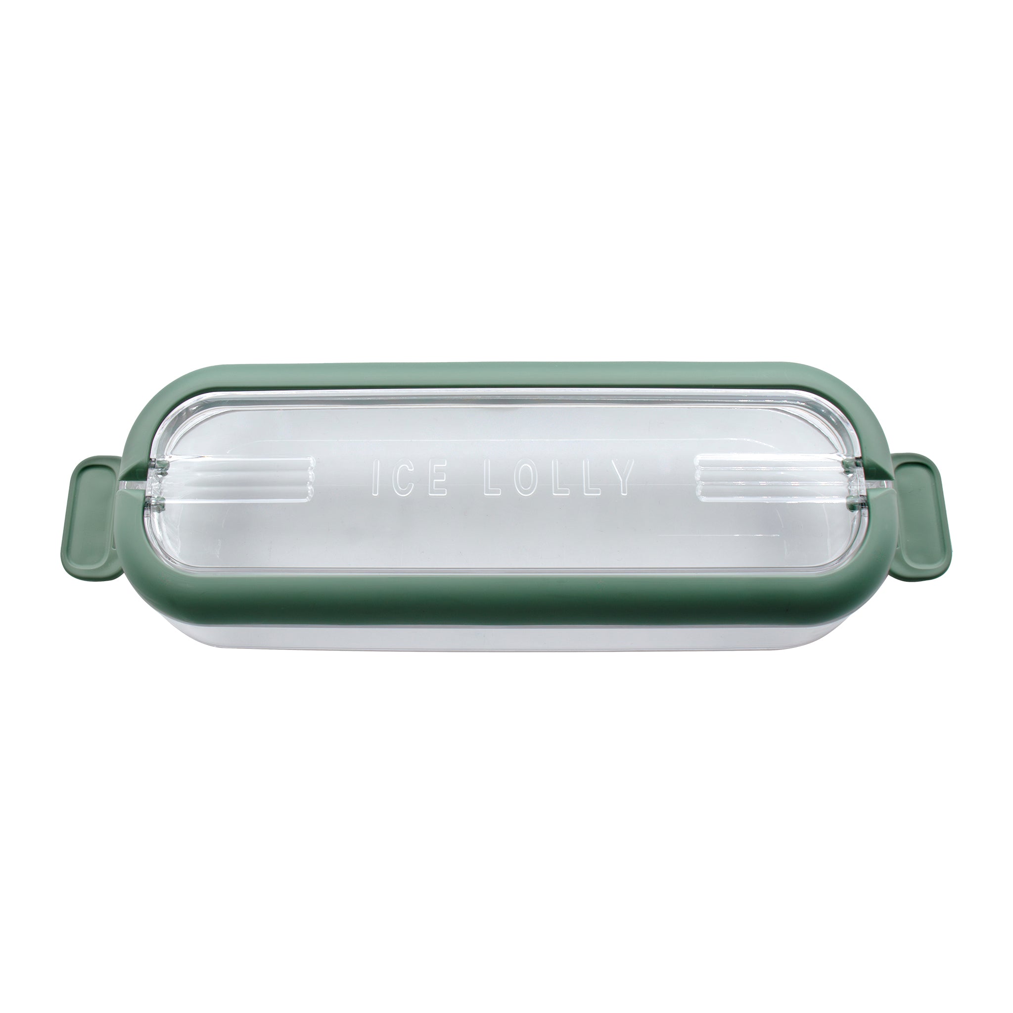 REGENT 6 ICE LOLLY MOULDS IN A SAGE COLOUR PLASTIC HOLDER WITH 2 HANDLES, 230X77MM