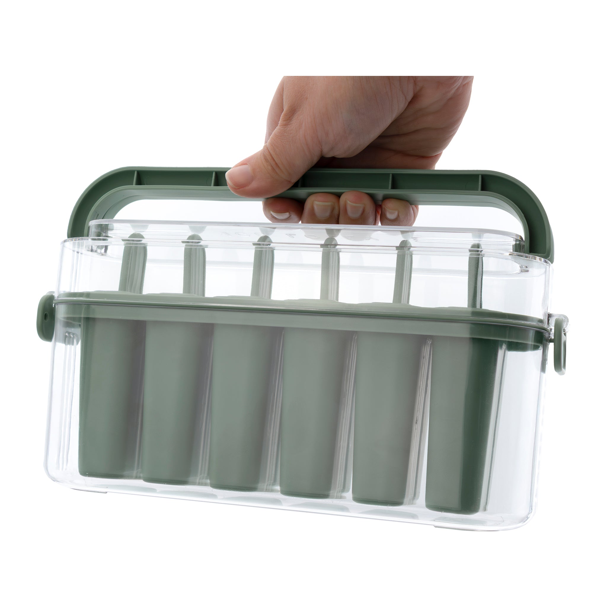 REGENT 6 ICE LOLLY MOULDS IN A SAGE COLOUR PLASTIC HOLDER WITH 2 HANDLES, 230X77MM