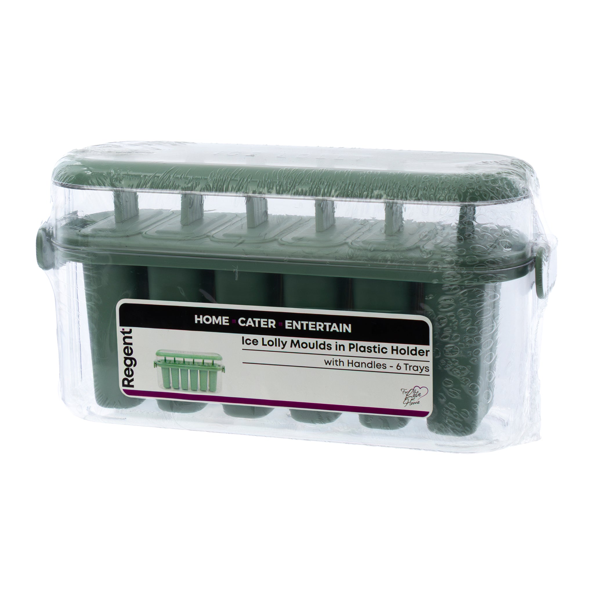 REGENT 6 ICE LOLLY MOULDS IN A SAGE COLOUR PLASTIC HOLDER WITH 2 HANDLES, 230X77MM