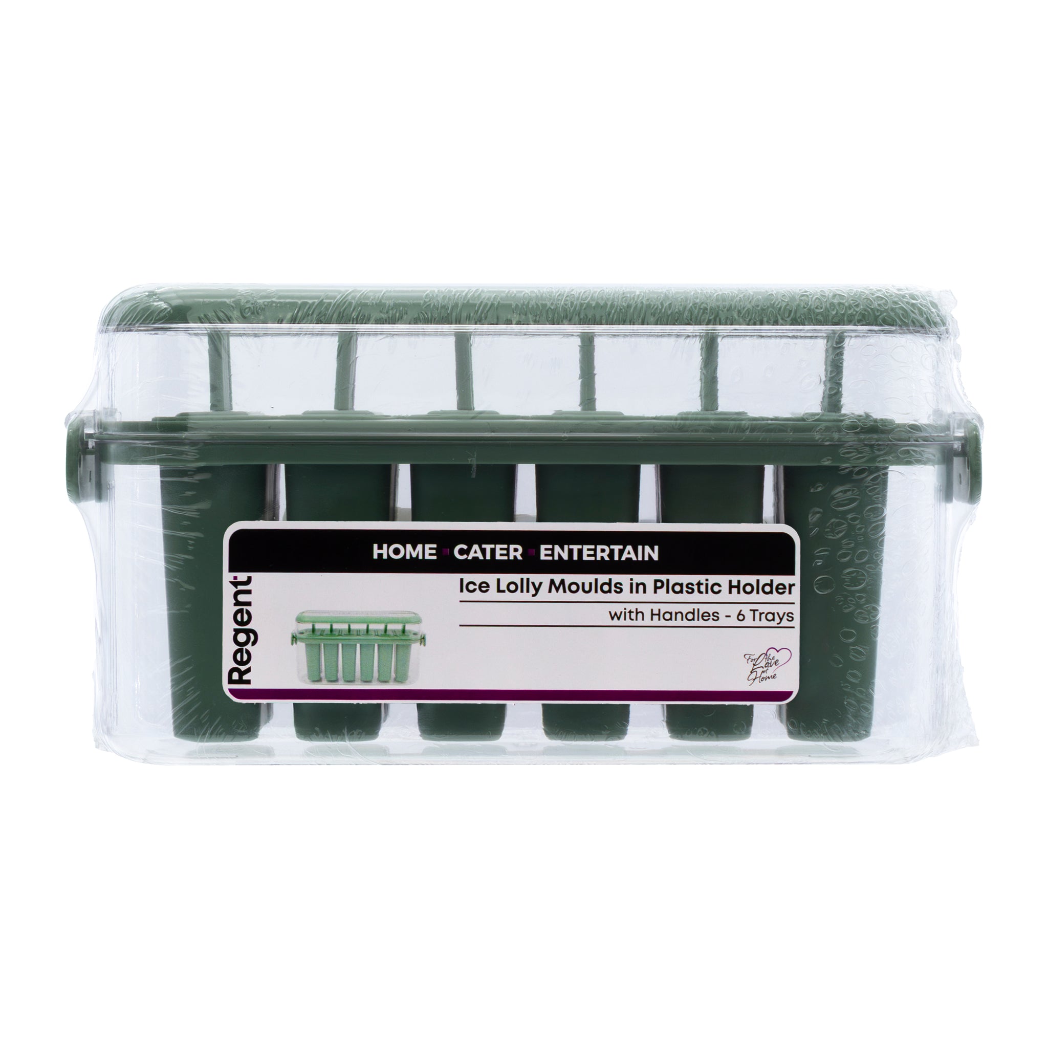 REGENT 6 ICE LOLLY MOULDS IN A SAGE COLOUR PLASTIC HOLDER WITH 2 HANDLES, 230X77MM